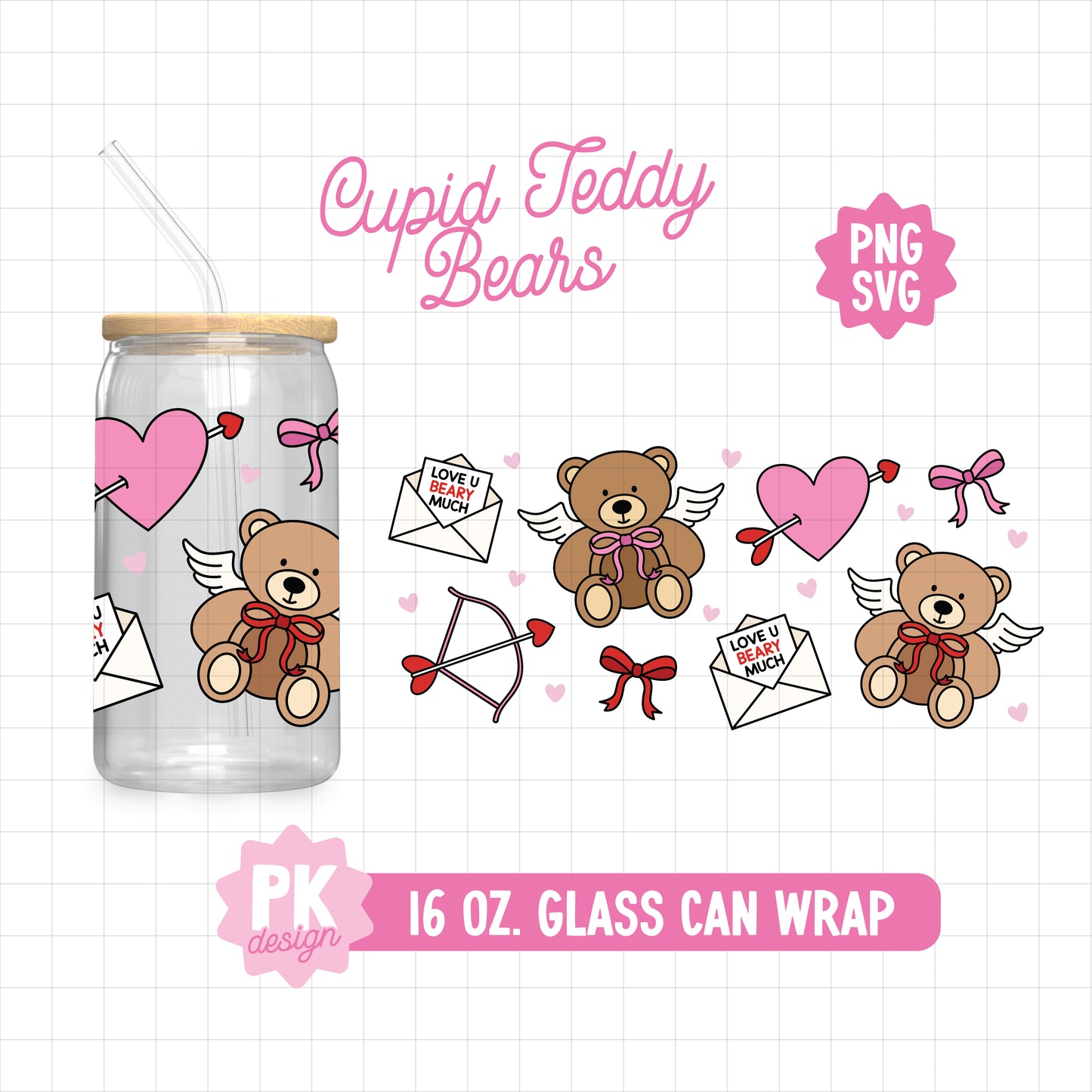 Cupid Teddy Bears 16 oz. Glass Can Design SVG + PNG