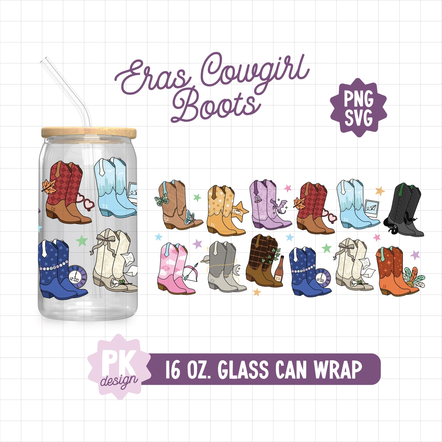 Eras Cowgirl Boots 16 oz. Glass Can Design SVG + PNG