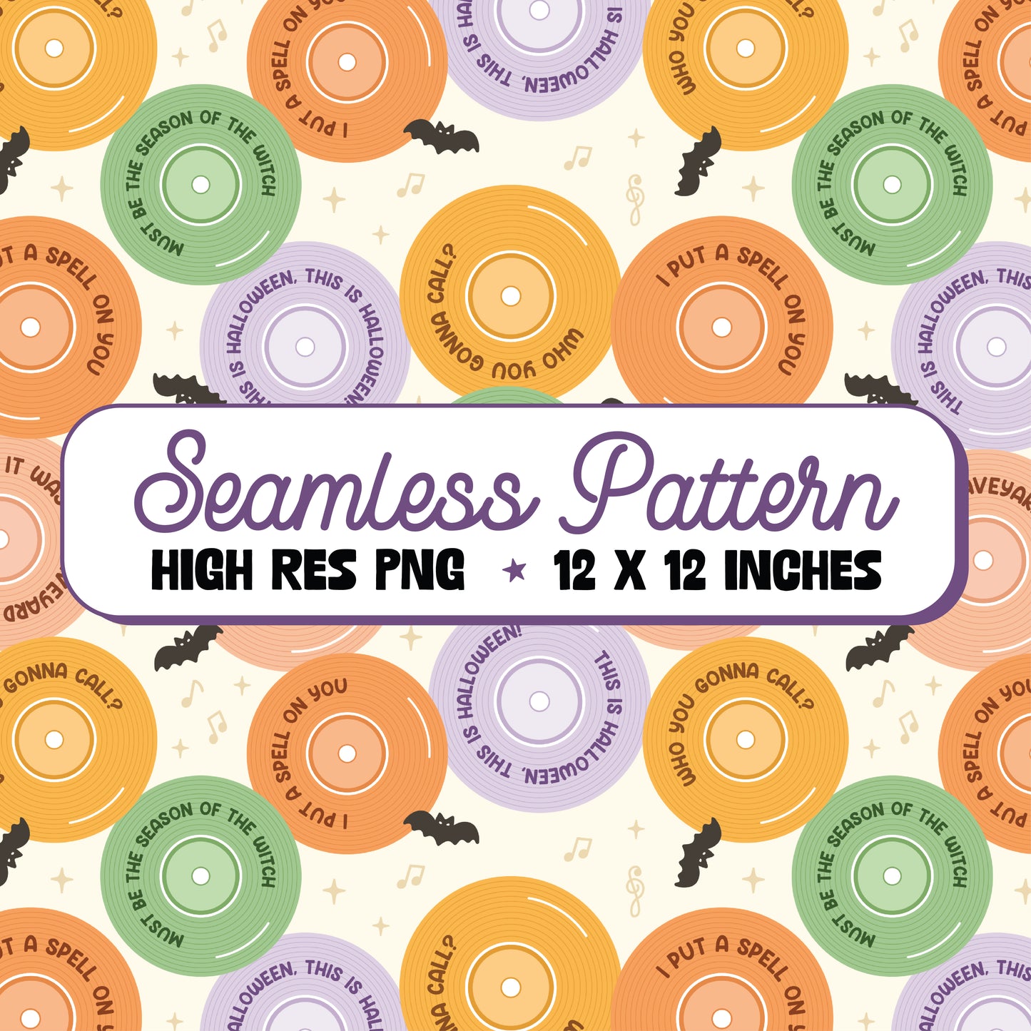 Halloween Vinyl Records Seamless Pattern PNG