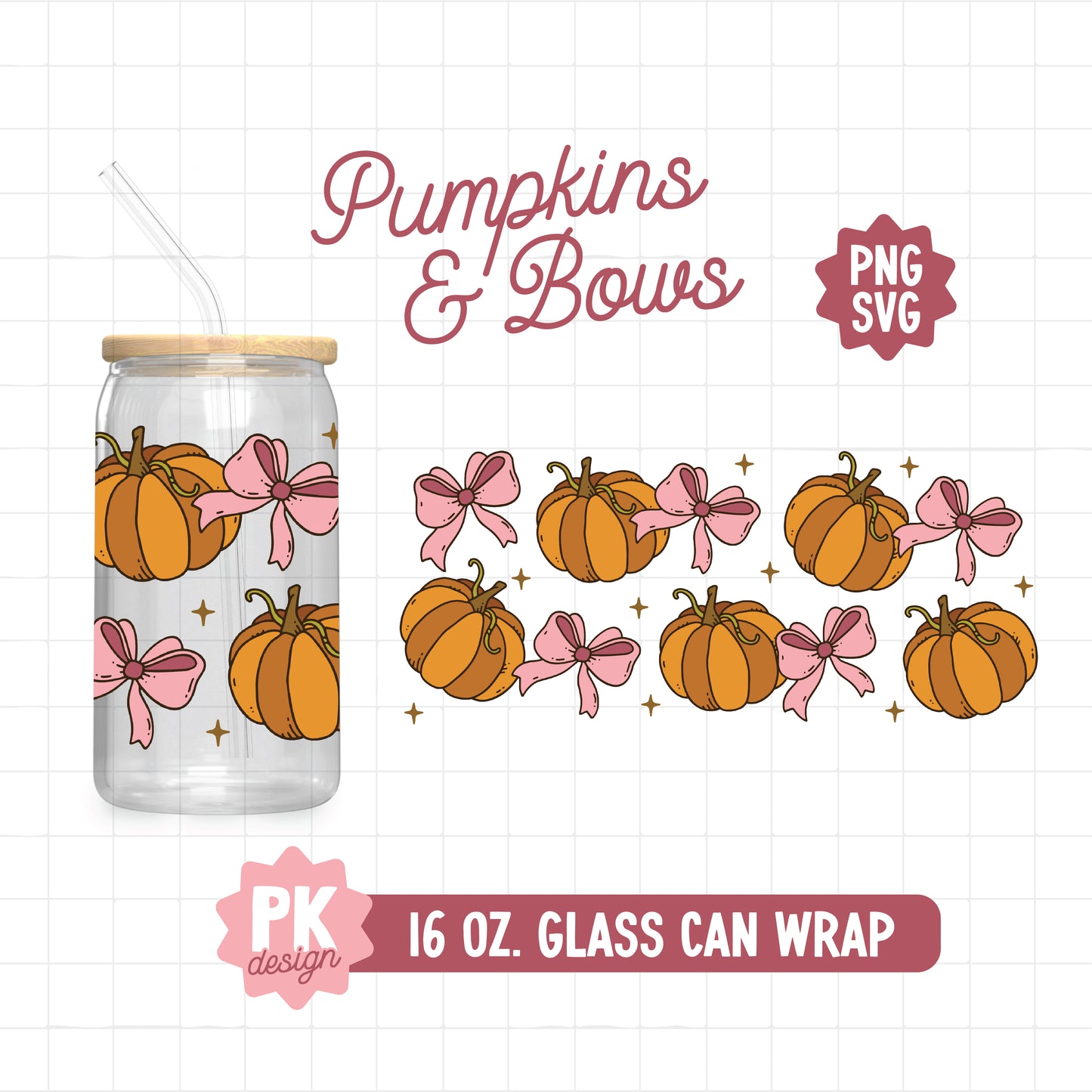 Pumpkins and Bows Glass 16. oz Glass Can Design SVG + PNG