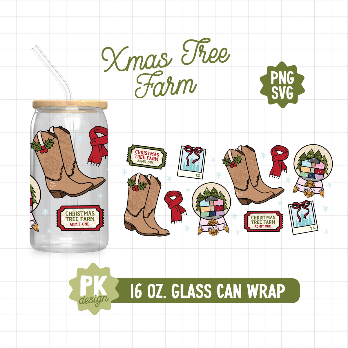 TS Christmas 16 oz. Glass Can Wrap Design SVG + PNG