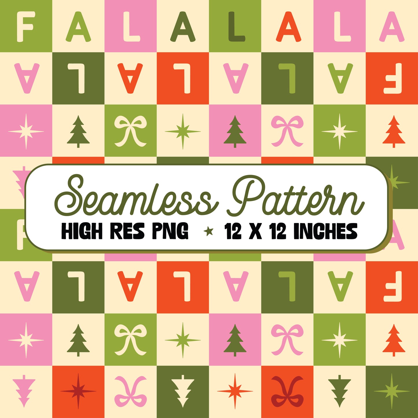 Fa La La La Checkered Christmas Seamless Pattern PNG
