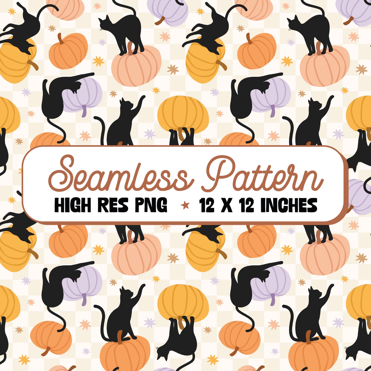 Black Cat Pumpkin Patch Seamless Pattern PNG