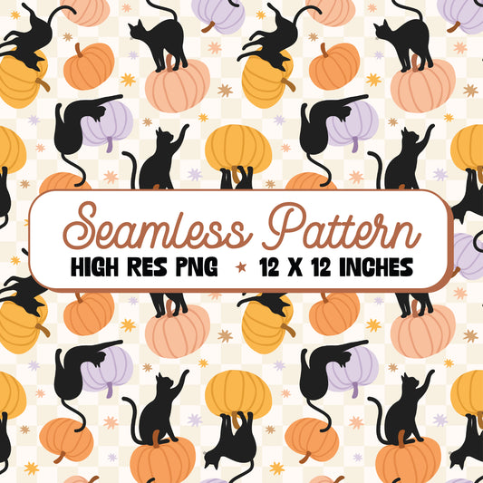 Black Cat Pumpkin Patch Seamless Pattern PNG