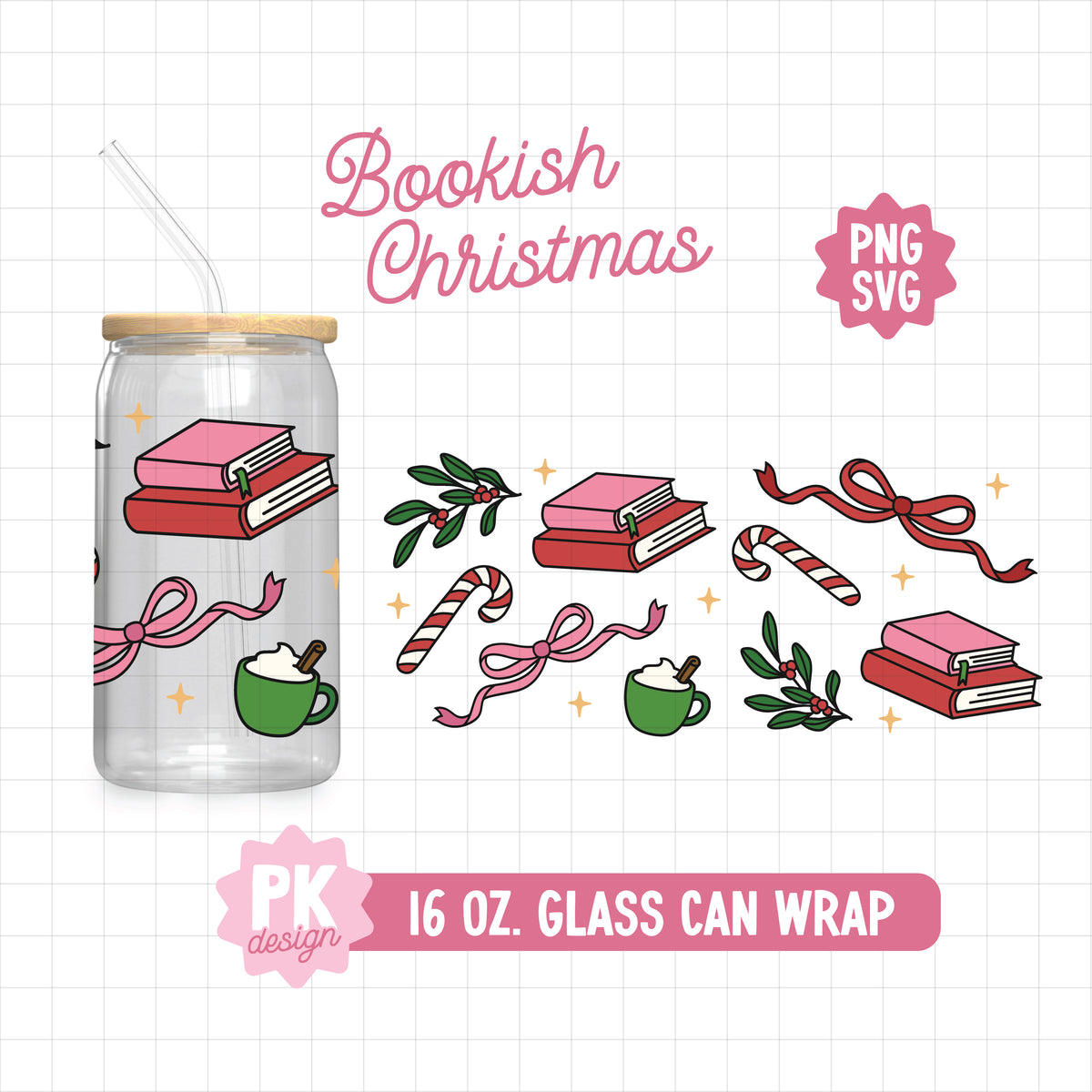 Bookish Christmas 16 oz. Glass Can Wrap Design SVG + PNG