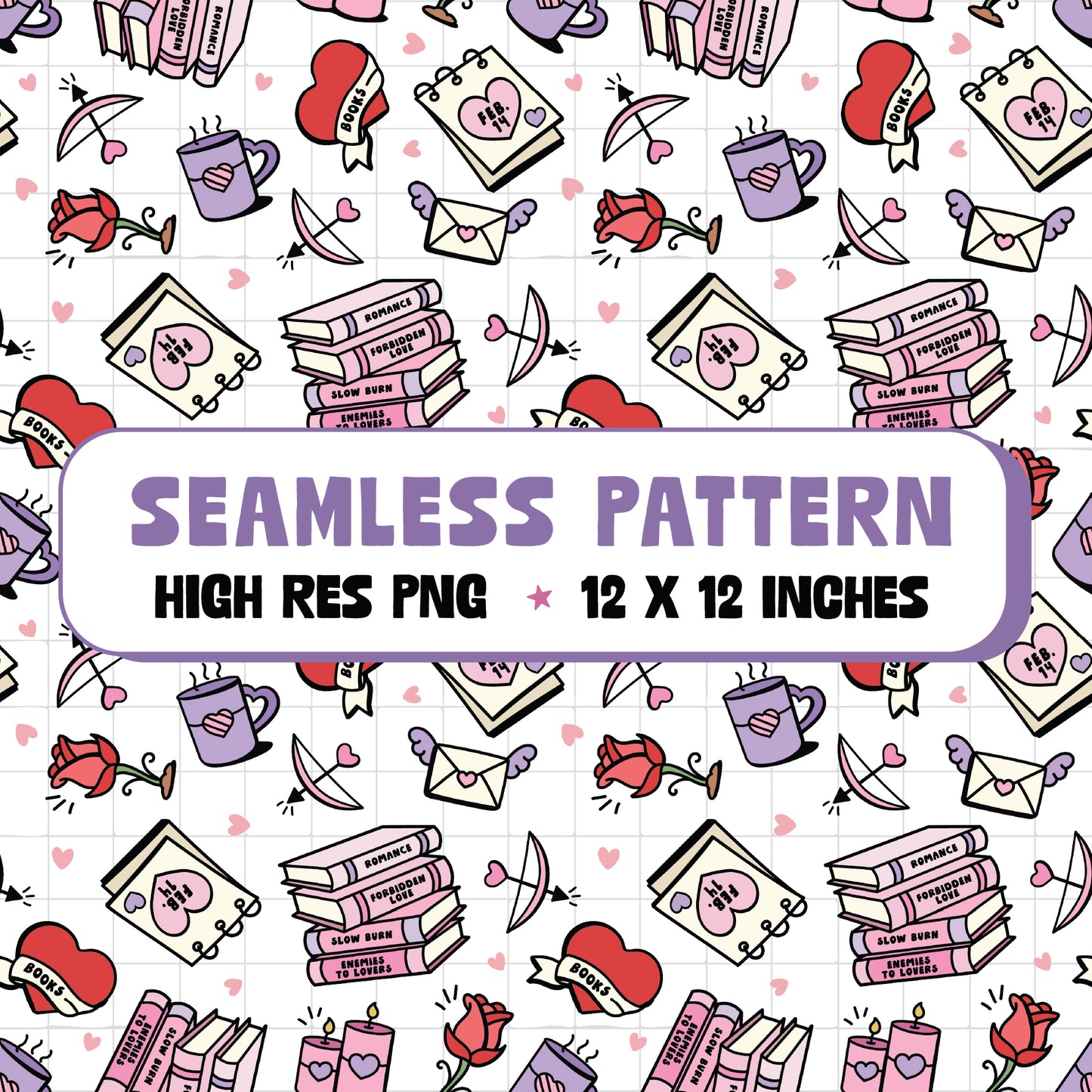 Bookish Valentine's Seamless Pattern PNG