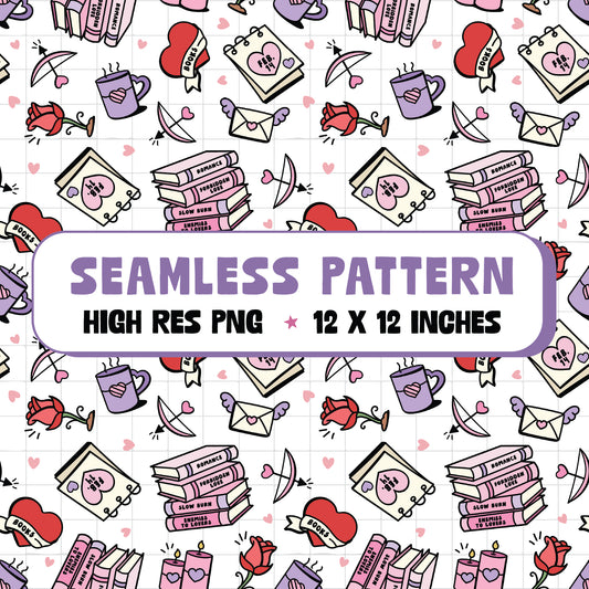 Bookish Valentine's Seamless Pattern PNG