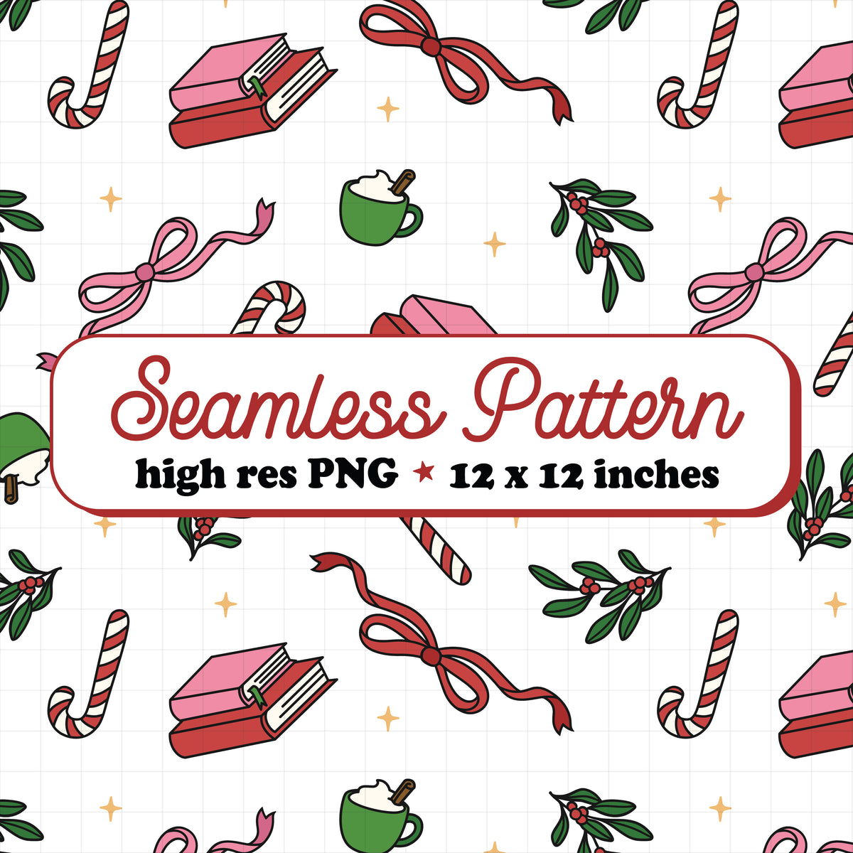 Bookish Christmas Seamless Pattern PNG