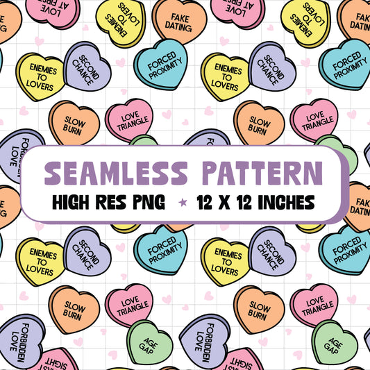 Book Trope Candy Hearts Seamless Pattern PNG