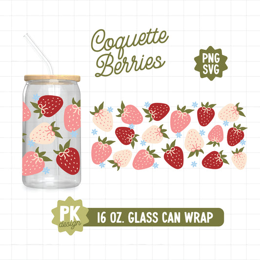 Coquette Strawberries 16 oz. Glass Can Wrap Design SVG + PNG