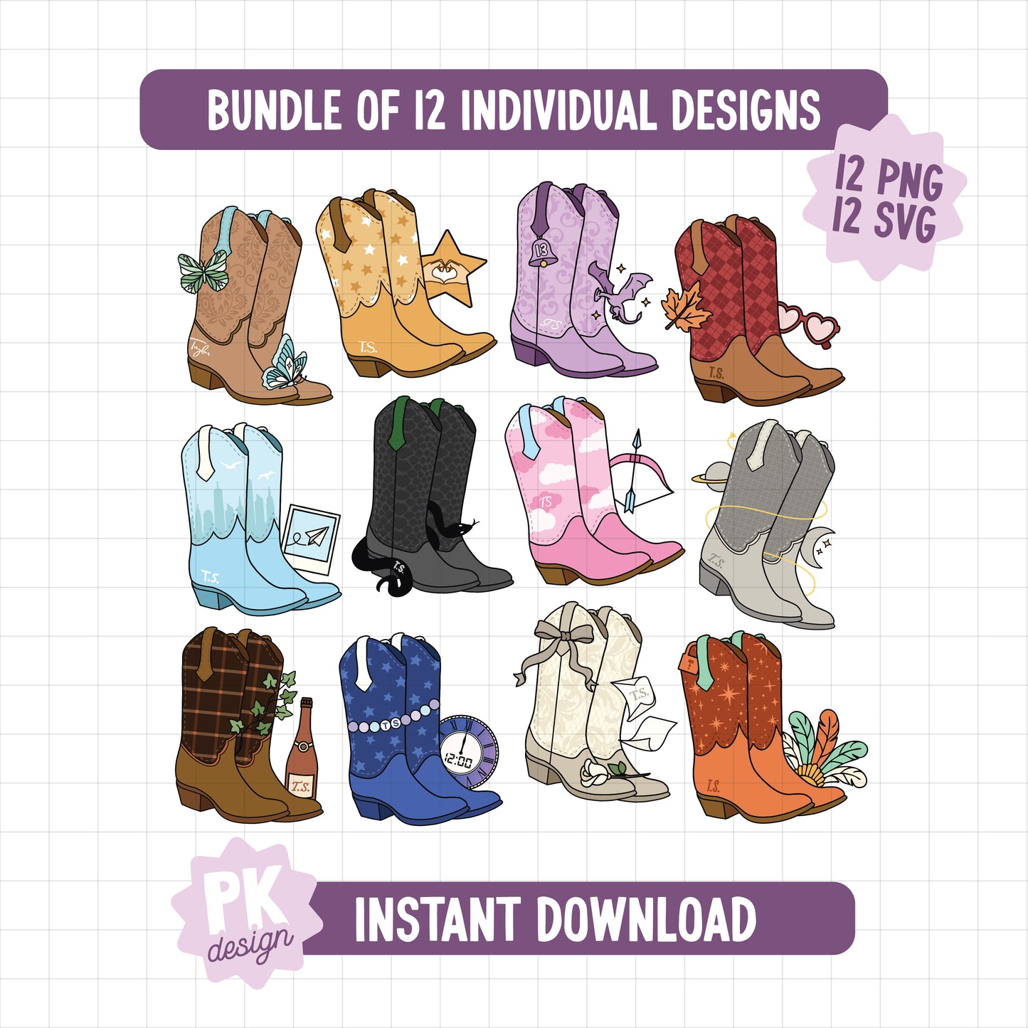 Eras Cowgirl Boots BUNDLE - 12 Individual Designs - SVG + PNG