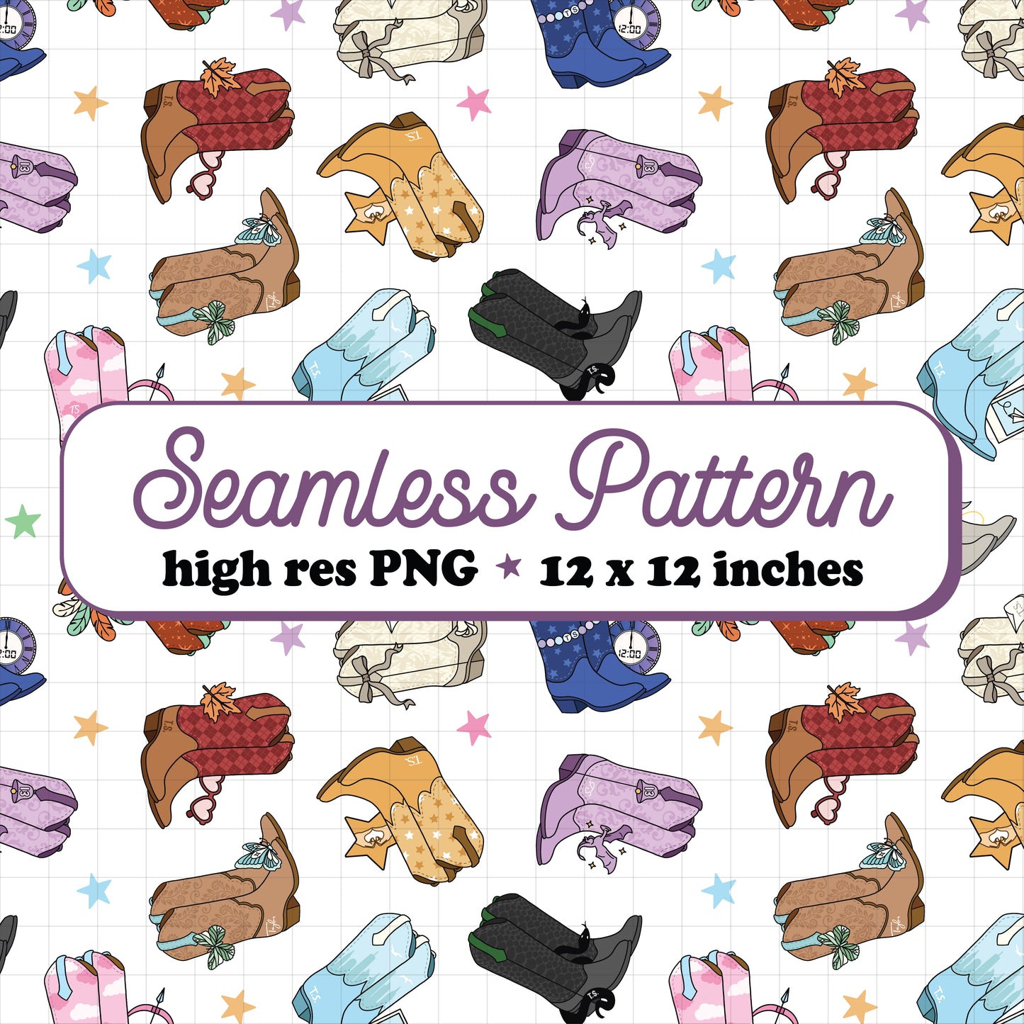 Eras Cowgirl Boots Seamless Pattern PNG