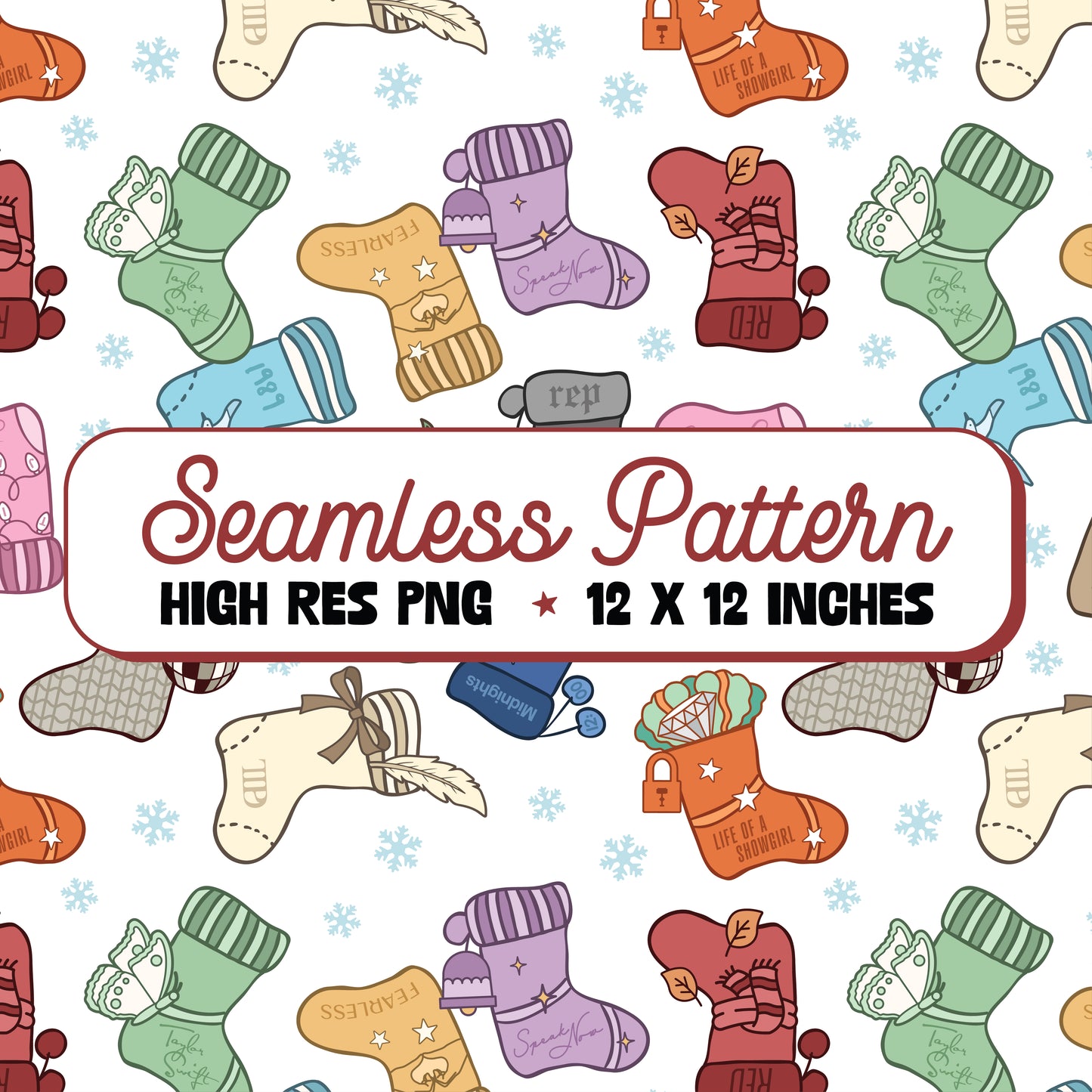 Eras Christmas Stockings Seamless Pattern PNG