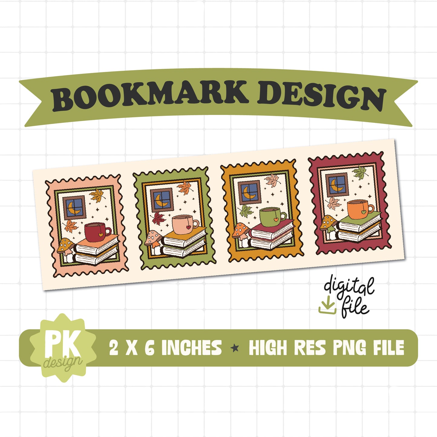 Fall Bookish Stamp Bookmark Design PNG