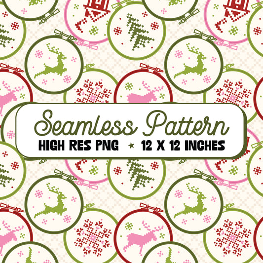 Holiday Embroidery Hoops Seamless Pattern PNG