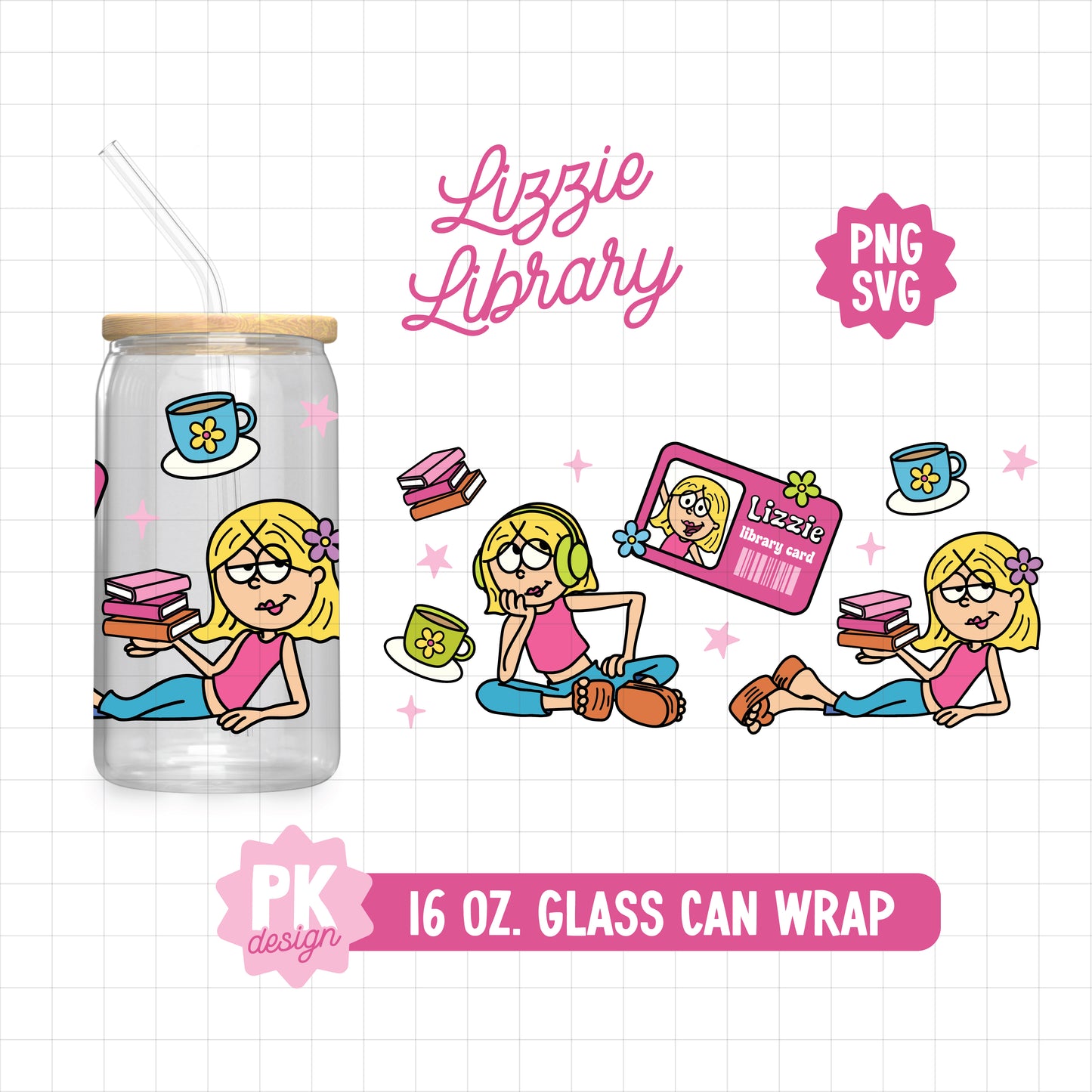 Lizzie Library 16 oz. Glass Can Design SVG + PNG