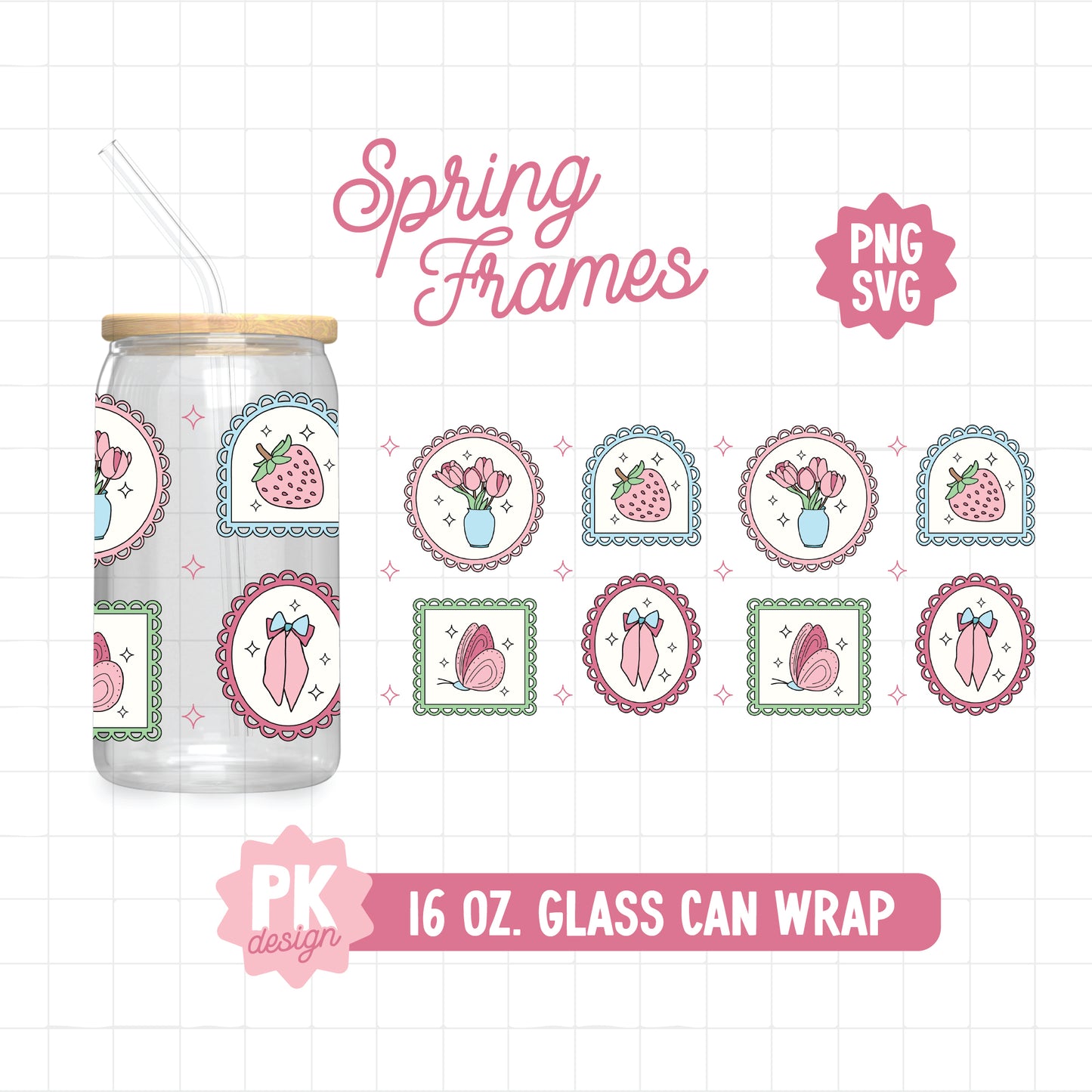 Spring Picture Frames 16 oz. Glass Can Wrap Design SVG + PNG
