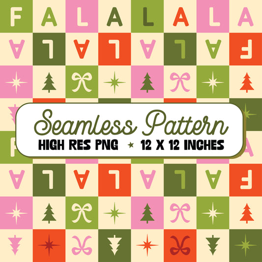 Fa La La La Checkered Christmas Seamless Pattern PNG