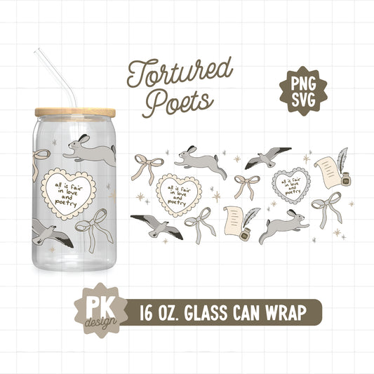 Tortured Poets 16 oz. Glass Can Wrap Design SVG + PNG