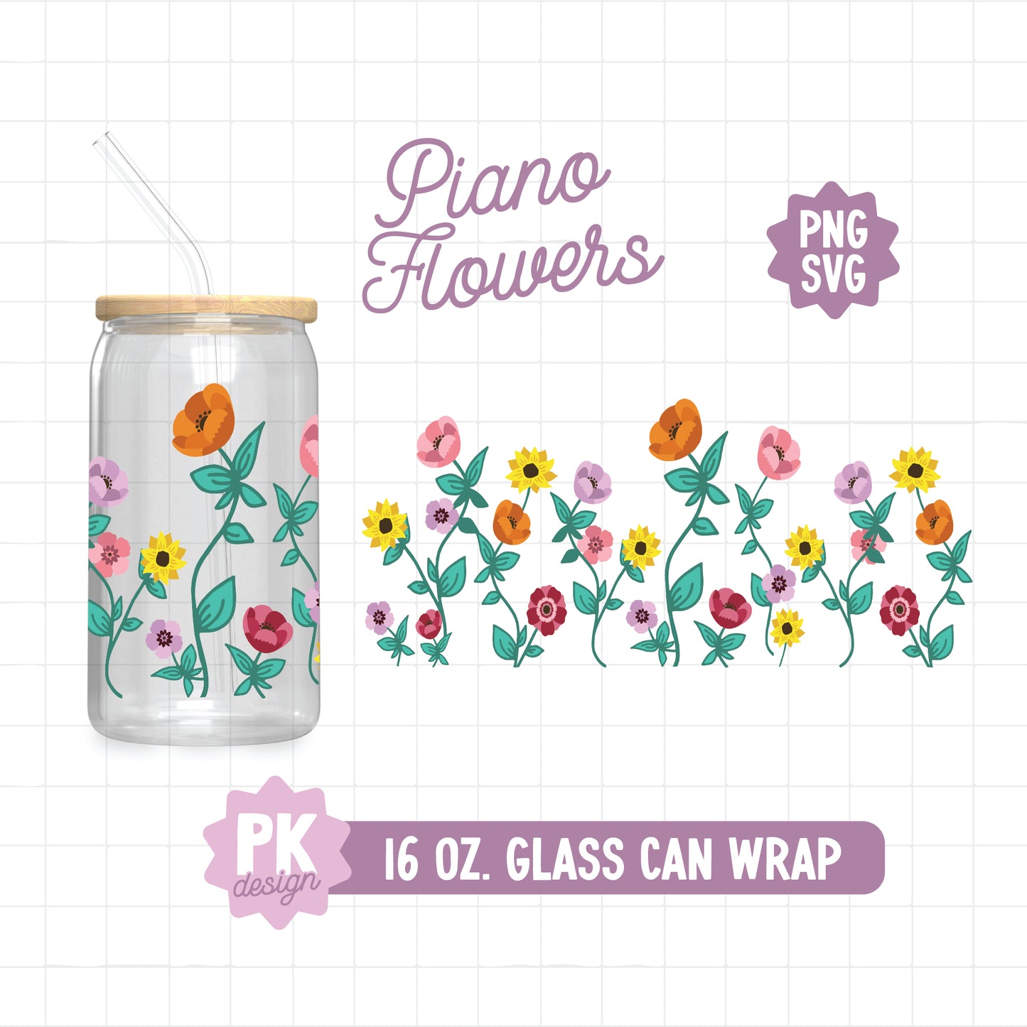 Tour Piano Flowers 16 oz. Glass Can Wrap Design SVG + PNG